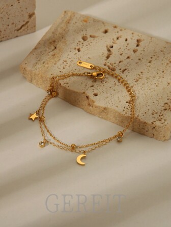 GEREIT 1 st 18K rostfritt stål Crystal Star & Moon Tofs flerskiktsarmband, lämpligt för kvinnors dagliga klädsel