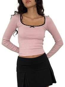 Women Fairy Grunge T-Shirt Cute Long Sleeve Square Neck Lace Patchwork Slim Fit Fall Tops Streetwear - 粉色 - 查看 1