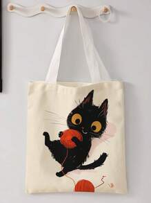 猫图案双面印花单肩手提包印花手提包休闲旅行沙滩包大容量可重复使用单肩购物袋女士休闲单肩包手提包大容量帆布沙滩包手提包购物袋印花女士杂货单肩包 - 彩色 - 查看 2