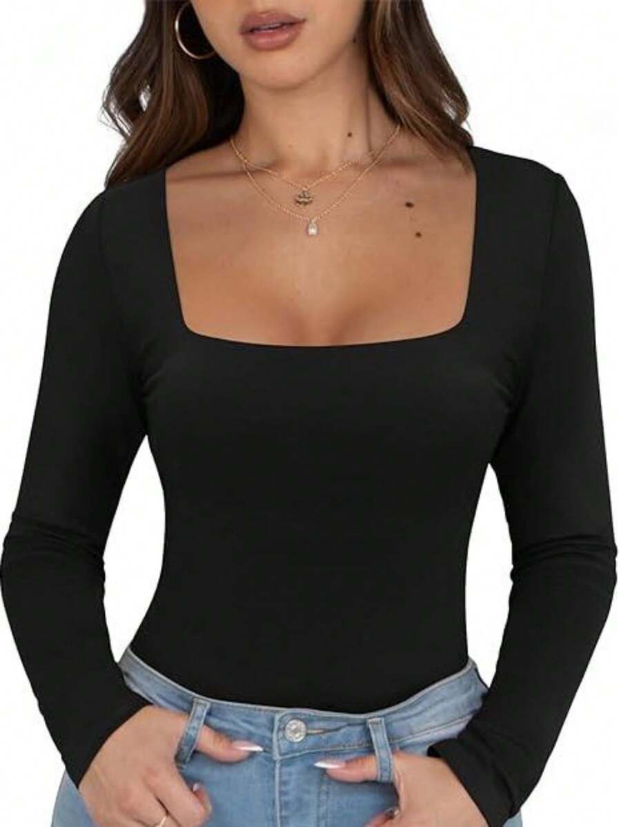 OUTBALL Womens Long Sleeve Square Neck T Shirts Tops Fitted Tees - màu đen - Xem 1