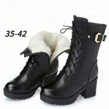 2024 Winter Leather Women Winter Boots Thick Wool Warm Women High-Heeled Genuine Boot High-Quality Female Snow Boots Women Shoes - Black - View 2