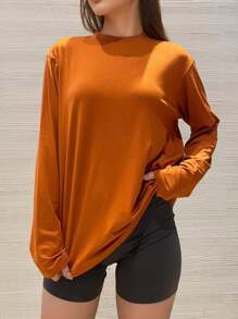 Small Shoulder Drop Long-Sleeve T-Shirt Solid Color Black Loose Casual Spring - Brown - View 2