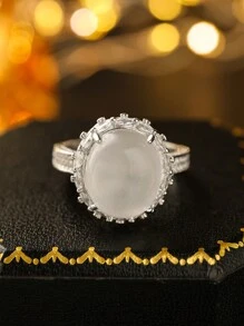 Nhẫn đá mã não tổng hợp hình bầu dục bạc Sterling S925 cao cấp thanh lịch, quà tặng kỷ niệm ngày cưới, thích hợp cho đám cưới, đính hôn, tiệc hẹn hò, trang sức cô dâu - Bạc - Xem 3