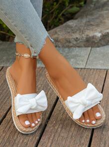 Plus Size 35-45 New Summer Butterfly Accent Faux Raffia Bottom Fashionable & Versatile Women Flat Sandals, Casual Slip-On Comfortable Slippers