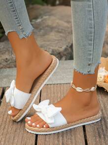 Plus Size 35-45 New Summer Butterfly Accent Faux Raffia Bottom Fashionable & Versatile Women Flat Sandals, Casual Slip-On Comfortable Slippers