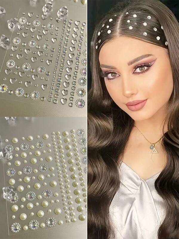 4 Pieces Set Of Sparkling Rhinestone Acrylic Rhinestone Adhesive Heart-Shaped, Flower And Bar Faux Pearl Stickers, Suitable For Face And Hair, Nails, Both Men And Women Straight, Suitable For DIY Parties, School Parties, Parties, Stage Performances, Role-Playing, Face And Hair Decoration - Fashionable, Easy-To-Use Hair Accessories And Decorative Stickers, Christmas Gifts For Friends And Family, Star Sun Stickers