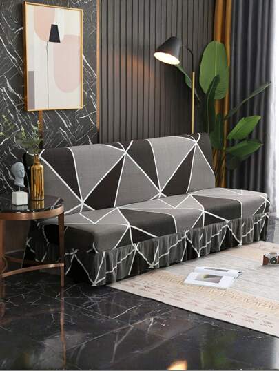 1pc Geometric Pattern Ruffled Sofa/Bed Cover, Armless Sofa Slipcover, Polyester, All Season, Modern Simplistic