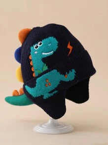 1pc Cute Dinosaur Print Winter Earflap Hat, Warm And Windproof For Boys Aged 2-8 Years