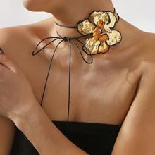Mydear 1pc Vintage Metal Drip Oil Oversized Flower Choker Tie Long Necklace, Suitable For Women's Party And Banquet Wear (The Flower Is 3D, So The Edges Are Relatively Sharp) - Flowers - View 1