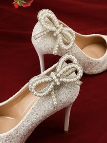 Giày cao gót đính nơ kim cương và ngọc trai, có thể tháo rời, giày dự tiệc trang trọng - Màu be - Xem 4