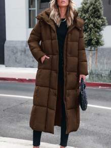 Women's Long Winter Coats Hooded Zip Up Casual Baggy Jackets Warm Clothes Outerwear - 深棕色 - 查看 5