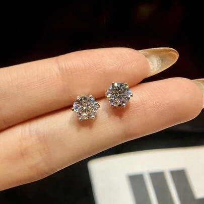 1 对 0.1 克拉 - 2 克拉六爪莫桑石耳环婚礼耳环 S925 纯银圆形耳钉奢华珠宝女士礼物