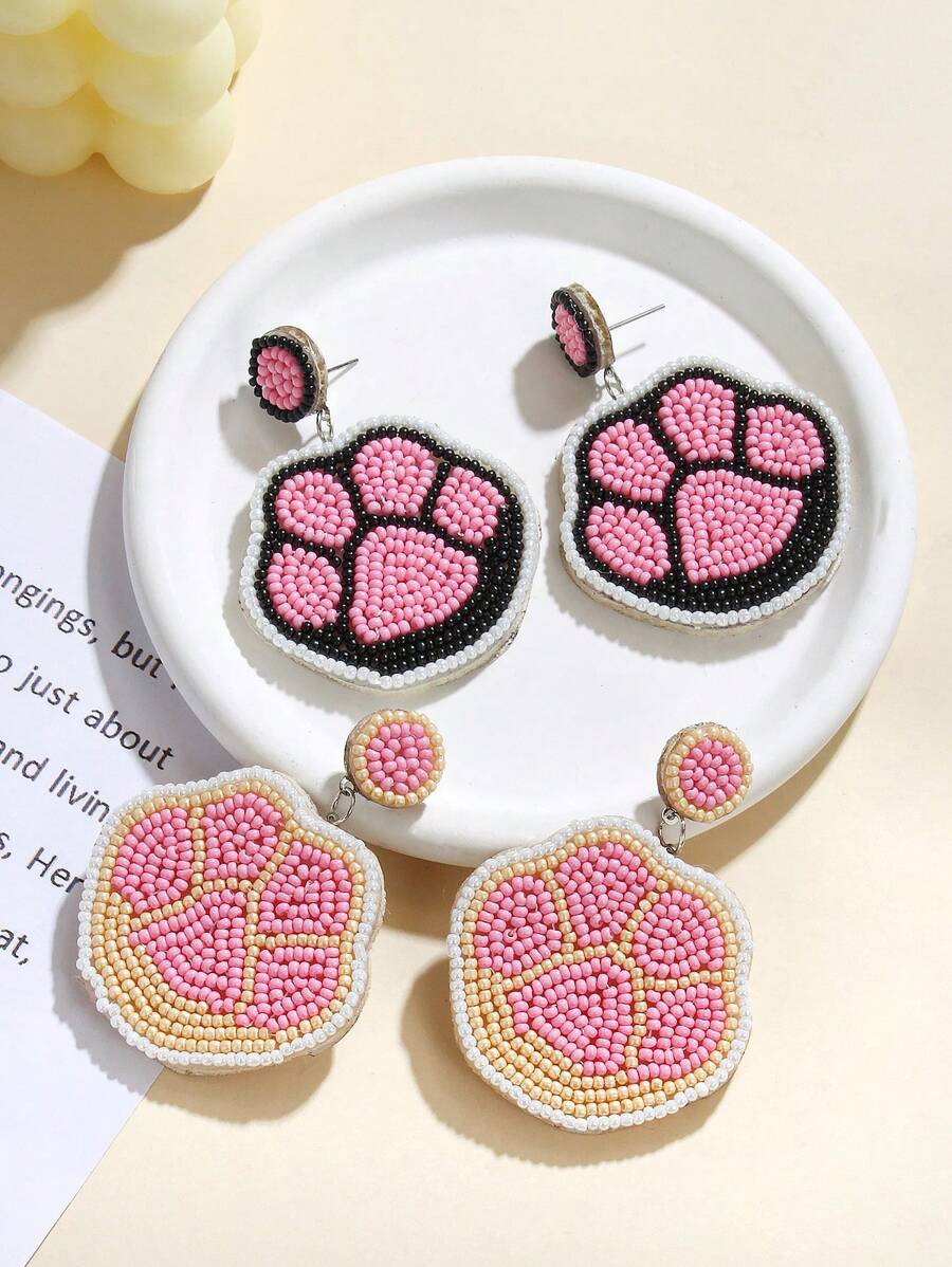 1 Cặp bông tai hạt thủy tinh thủ công, thiết kế hình bàn chân mèo đen và hồng dễ thương, thích hợp để đeo hàng ngày cho phụ nữ - Nhiều màu - Xem 1