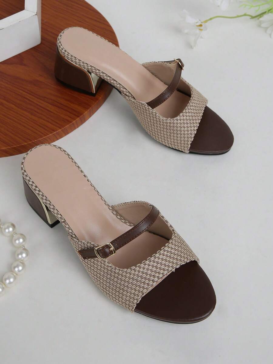 Giày cao gót đế thô cổ điển phối dây vải lanh cho nữ, thời trang cho mùa xuân và mùa hè - Màu nâu Sô-cô-la - Xem 1