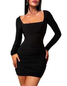 OZICERD Womens Black Long Sleeve Ruched Mini Dresses Bodycon Dresses Formal Square Neck Dress Cocktail Dresses Homecoming Dress Tight Fitted Sexy Going Out Dress Party Dress Club Night Out Dress Rave Concert Outfit Y2k Cute Ruched Short Dress Casual Dress Ladies Elegant Dresses Fall Dresses For Women 2024 - 黑色 - 查看 6