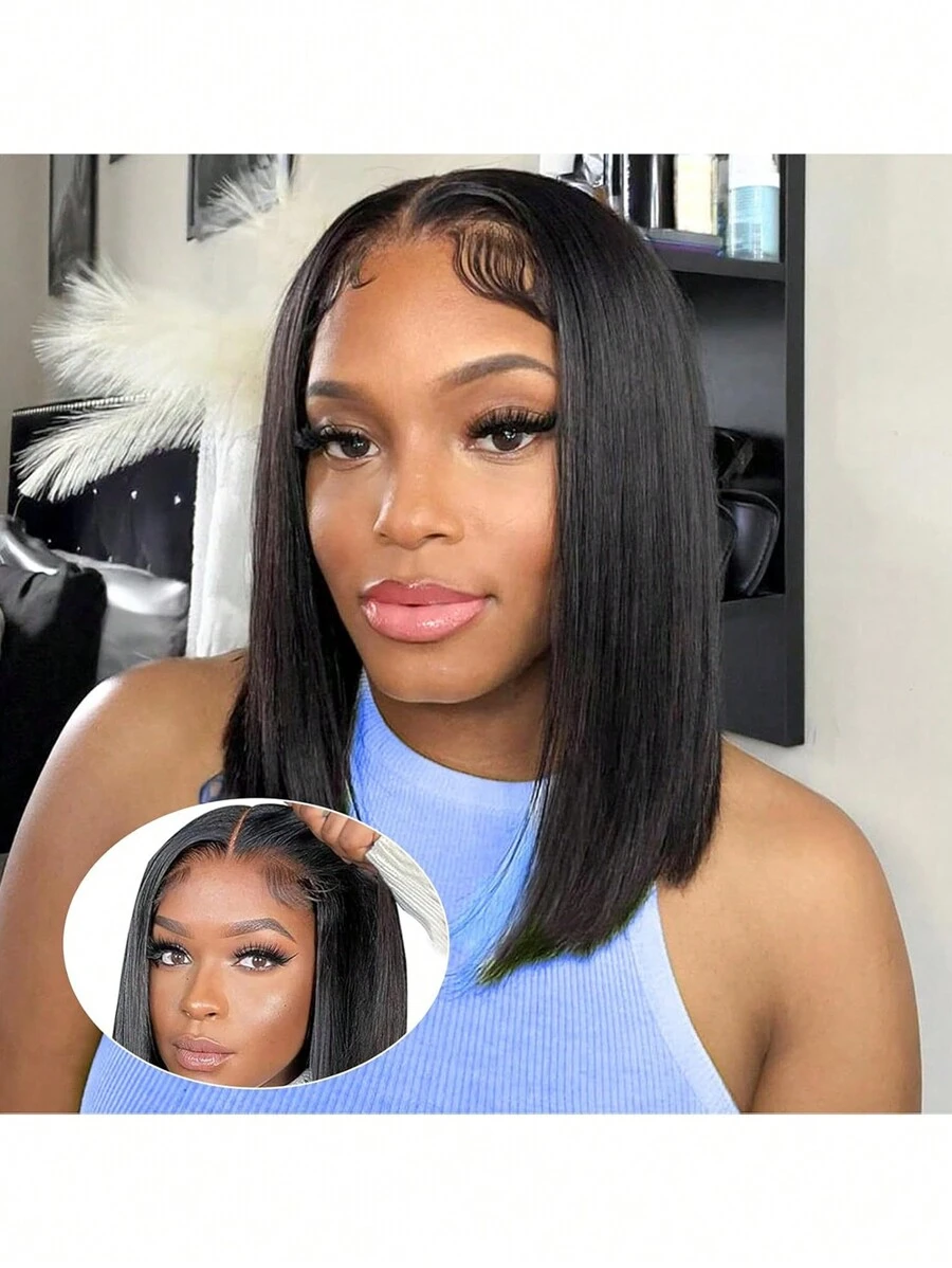 16 英寸可穿戴无胶假发 人发直发 人发假发 人发预拔预剪 13x4 前蕾丝无胶假发 人发 180% 密度短直发 女士假发 8-16 英寸 - 黑色 - 查看 1