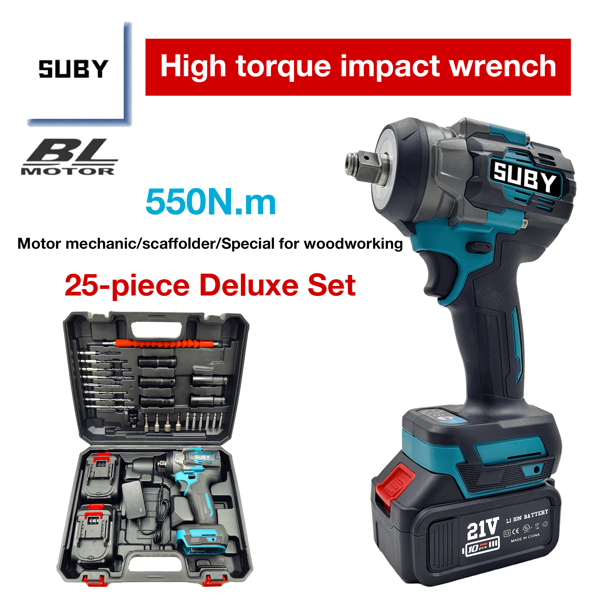 SUBY 1 Set SUBY 550N.M Cordless Impact Wrench With 24 LED Bulbs, 25pcs Luxury Accessories, Suitable For Car Repair, Renovation, Engineering Installation