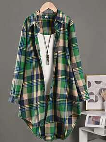 女式绿色格子衬衫夹克 - 高低下摆、卷起袖子、百搭层次，打造波西米亚风和休闲秋季风格 - 綠色 - 查看 3