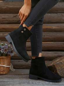 女式舒适软皮绒面低跟踝靴，靴子，秋冬季新款设计 - 黑色 - 查看 3