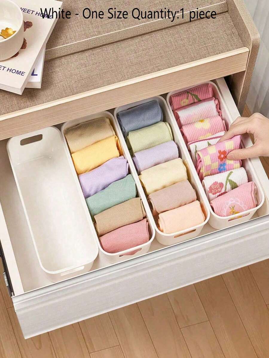 1 hộp đựng đồ lót, tất, phụ kiện, đồ gia dụng, quần váy, giày dép, quần jean, bốt, váy màu trắng 1 ngăn