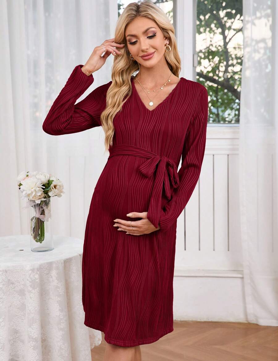 GoyRrbay Women Long Sleeve Maternity Nursing Dress Casual V Neck Breastfeeding Ribbed Knit Belt Pregnancy Dresses - Màu Đỏ Sâu - Xem 1