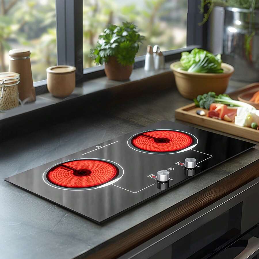 Advwin Electric Cooktop, 2 Burner Knob Control Plug In Built-In Ceramic Electric Stove Top With Child Safty Lock & Timer & Over-Temperature Protection & 10 Power Setting, 1800W, 110v (2 Burners) - View 1