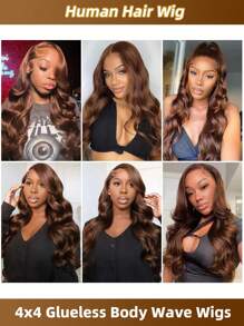 Peruca Ondulada Corporal Solta de 32 polegadas Sem Cola, Cabelo Humano, Densidade de 180%, Peruca Frontal de Renda Transparente 4x4 Sem Cola, Peruca Cor Marrom 4#, com Cabelo de Bebê, para Mulheres