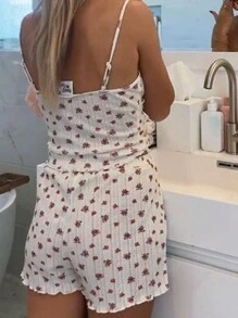 Women Y2k Pajamas Sets Floral Spaghetti Strap Crop Tank Tops + Sleep Shorts Lounge Sets 2 Piece Lace Trim Sleepwear Suit Sleeveless Camisole Tops Lingerie Sets Pjs Matching Outfits Summer Beachwear Homewear - 紅色 - 查看 2