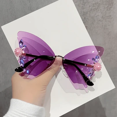 1 chiếc kính thời trang hình bướm cho nữ, không gọng, đính đá, thích hợp lái xe, câu cá, săn bắn, leo núi, thể thao ngoài trời. Kính thời trang cho nữ, kính râm, phụ kiện đi biển, phong cách cổ điển Y2K cho kỳ nghỉ hè, hoạt động ngoài trời, du lịch.