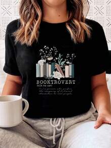 Book Flower Print Women's T-Shirt, Summer Women's Casual Fashion Sports Fitness Comfortable And Soft Daily Outdoor Home Breathable Round Neck Short-Sleeved T-Shirt - Black - View 2
