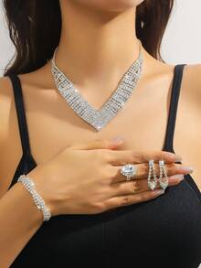 5 件水钻装饰精致多功能珠宝套装包括项链、耳环、手链和戒指，适合女性日常、校园、约会、婚礼派对、情人节和节日礼物 - 精緻項鍊套裝 - 查看 7