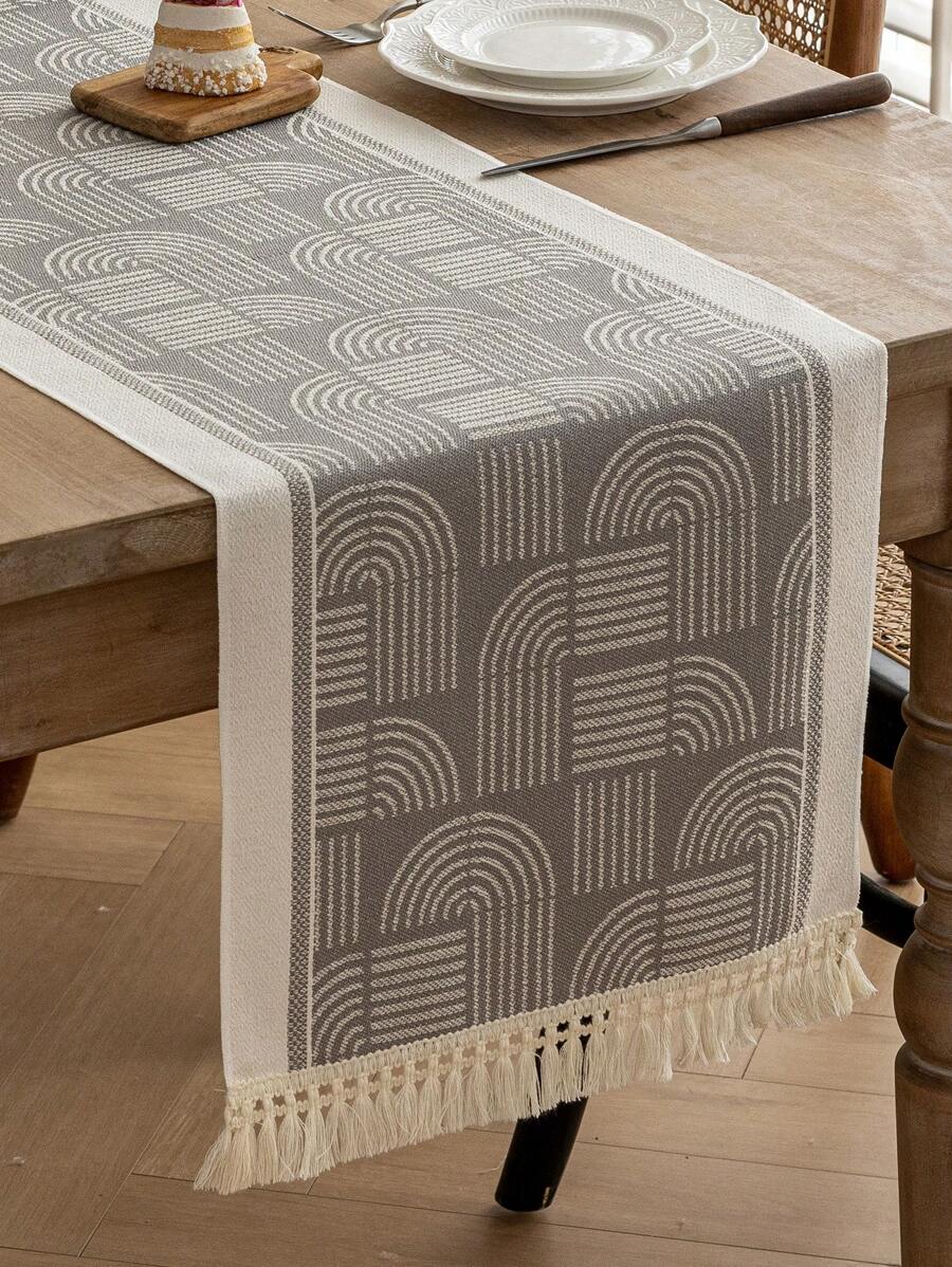 1pc Table Runner, Waterproof Fabric With Tassel Fringe, Suitable For Home Desktop Decor, Wedding, Restaurant, Living Room