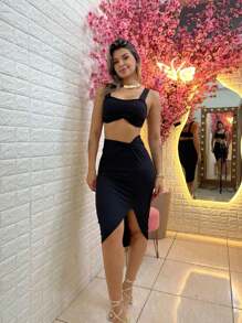 Women's Set Midi Skirt And Cropped Look Christmas New Year - màu đen - Xem 2