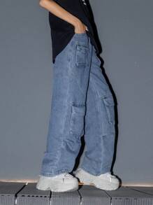 Teenage/Youth Boys' Vintage Multi-Pocket Casual Cargo Jeans, Loose Fit Washed Denim Pants For Students - Light Wash - View 4