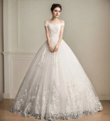 Elegant Off-The-Shoulder Wedding Dress For Women, A-Line Skirt With Luxurious Lace Embroidery, Perfect For Wedding Parties - Pearl White (Luxury Lace Embroidery) - View 1