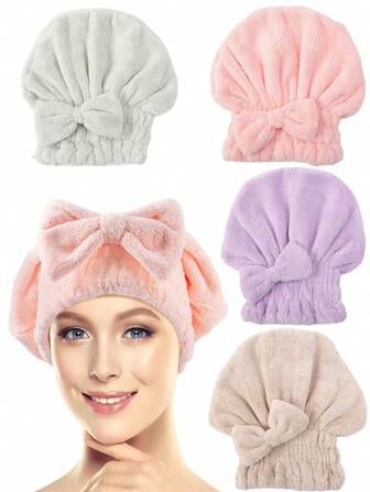 1pc Coral Fleece Bow Headband Towel, High Absorbency Hair Drying Cap, Soft Microfiber Hair Turban