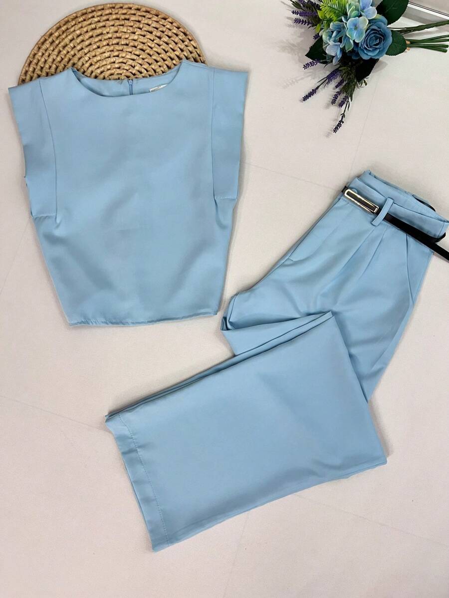 Women's Set: Summer Sleeveless Solid Color Round Neck Top And Wide Leg Pants With Belt And Bag - Baby Blue - View 1