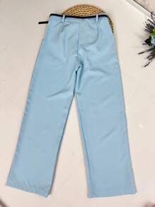 Women's Set: Summer Sleeveless Solid Color Round Neck Top And Wide Leg Pants With Belt And Bag - Baby Blue - View 7