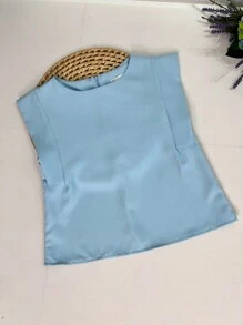 Women's Set: Summer Sleeveless Solid Color Round Neck Top And Wide Leg Pants With Belt And Bag - Baby Blue - View 3