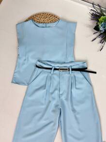 Women's Set: Summer Sleeveless Solid Color Round Neck Top And Wide Leg Pants With Belt And Bag - Baby Blue - View 2