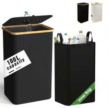 1Set Kitchen Recycling Bin, Indoor Recycle Bin, 26Gallon 100L Large Capacity Bottle Recycle Bin With Removable Tote Bag, Glass Paper Plastic Metal Empty Bottle Recycling Can, Beverage Bottle Storage Basket, Foldable Garbage Can, Home Storage Supplies