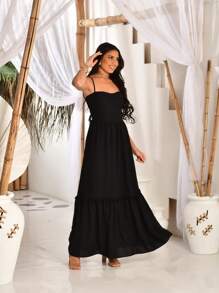 Long Loose Dress With Flared Ruffles And Thin Straps With Elastex Pads On The Back Stylish Elegant Women's Fashion Summer Party New Year Clothing - 黑色 - 查看 1