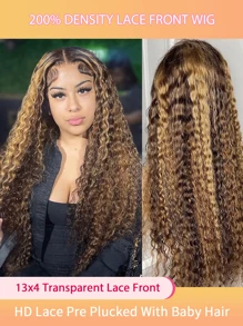 Highlight Ombre HD Transparent 13x4 Lace Front Wigs Human Hair 200% Density Honey Blonde 4/27 Deep Wave Lace Front Wigs For Black Women Frontal Curly Wig Pre Plucked With Baby Hair - 拼色 - 查看 1