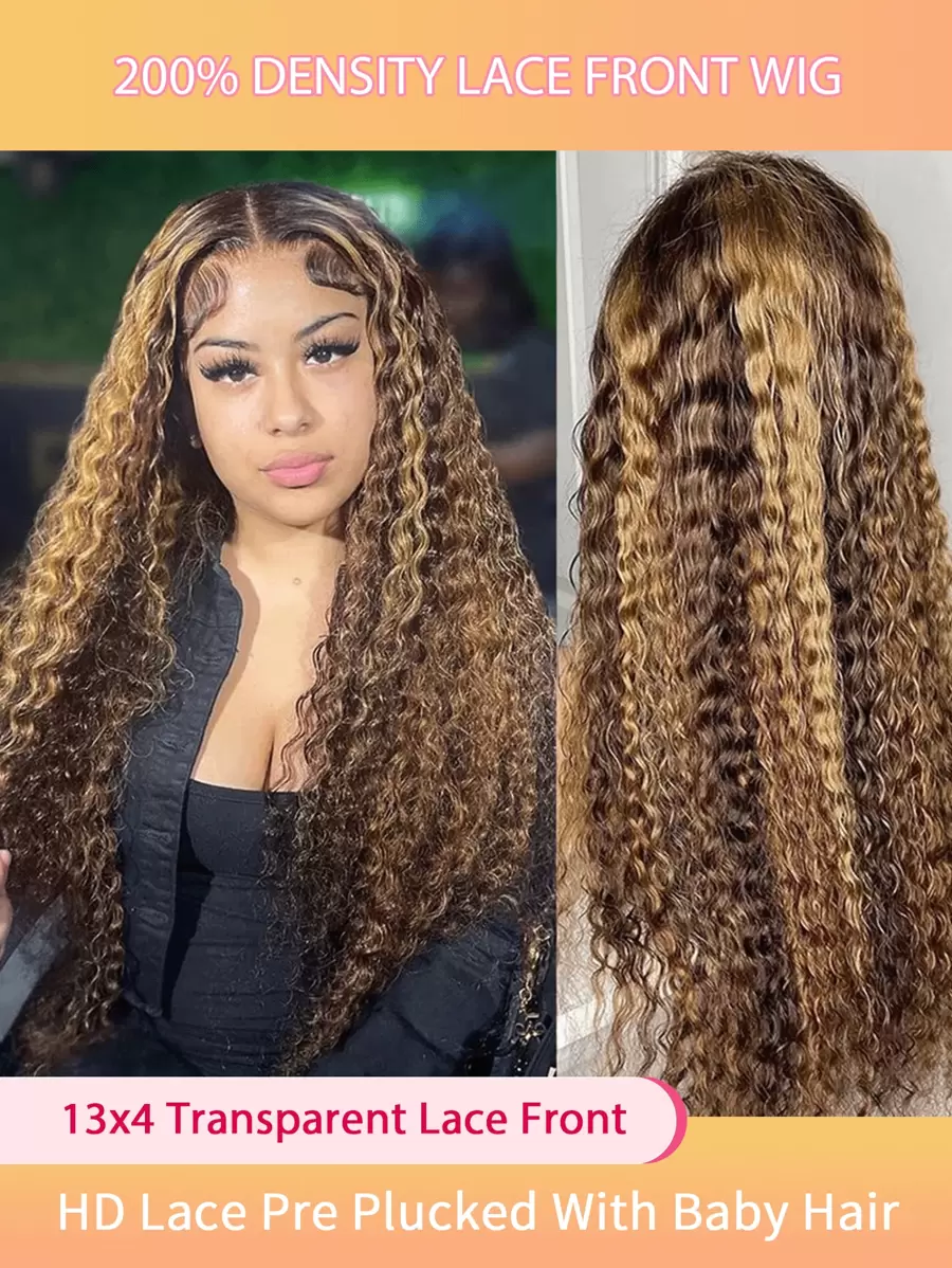 Highlight Ombre HD Transparent 13x4 Lace Front Wigs Human Hair 200% Density Honey Blonde 4/27 Deep Wave Lace Front Wigs For Black Women Frontal Curly Wig Pre Plucked With Baby Hair - 拼色 - 查看 1
