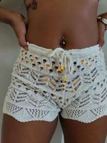 Women's Knitted Shorts Beach Cover-Up Crochet Shorts Summer 2025 Beach Fashion - 米色 - 查看 6