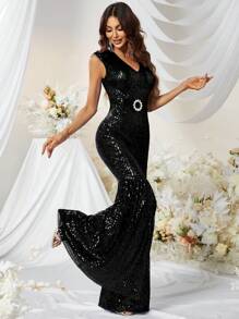 YISIKADO Women's Sequin V-Neck Sleeveless Flared Elegant Jumpsuit - 黑色 - 查看 3