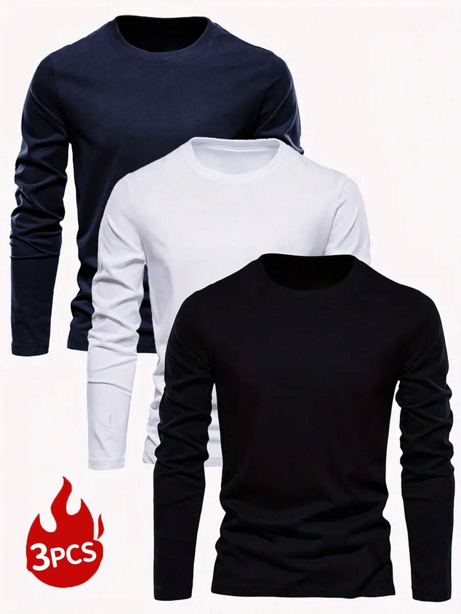 3 piezas Camisetas de manga larga de cuello redondo de unicolor para hombre, capas base versátiles para uso diario en primavera/otoño - Multicolor - Ver 1