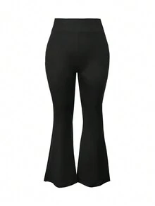 Plus Size Solid Color High Waist Button Minimalist Casual Skinny Flare Pants - Black - View 3