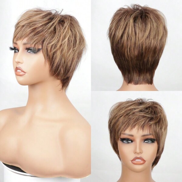 Peruci braziliane scurte din păr uman Perucă scurtă, dreaptă, tăiată Pixie, 6 inch, păr uman, complet fabricată la mașină Peruci pixie stratificate pentru femei Peruci P4/ 27 de culoare