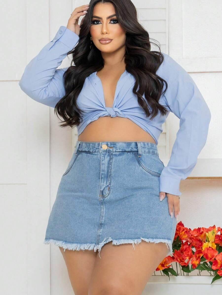 Plus Size Shorts And Skirt With High Waist And Frayed Hem - Màu xanh lam - Xem 1